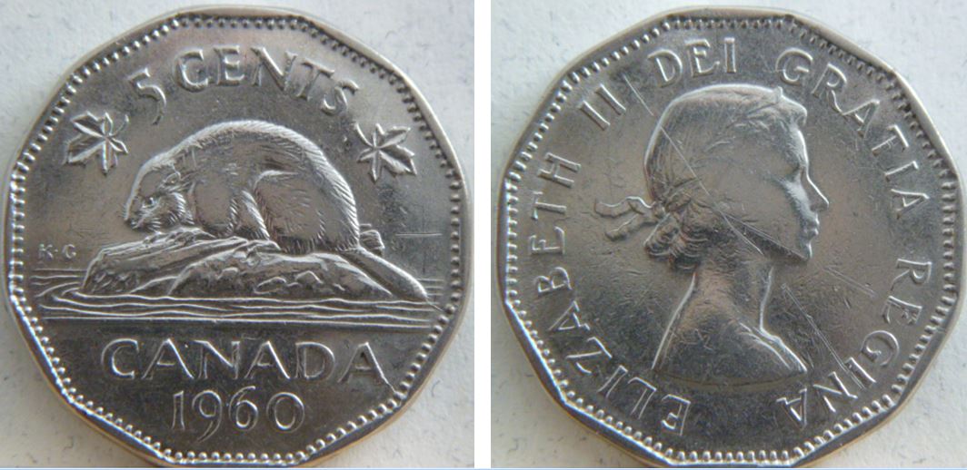 5 Cents 1960-Coin fendillé la queue du castor+après au dernier A de canadA-1.JPG