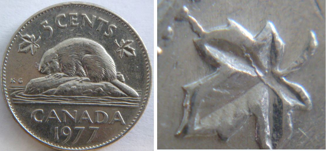 5 Cents 1977H-Coin fendillé au dessus la feuille gauche et sur la feuille -1.JPG