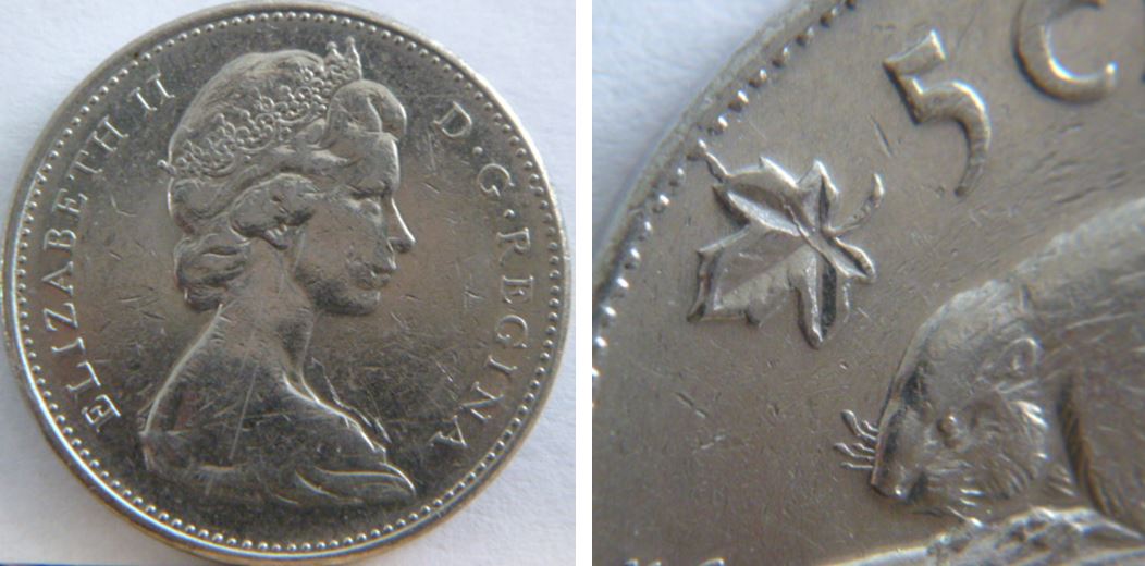 5 Cents 1977H-Coin fendillé au dessus la feuille gauche et sur la feuille -2.JPG