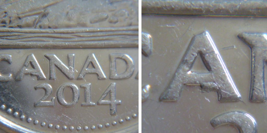 5 Cents 2014-Éclat du coin sous le premier A de cAnada.JPG