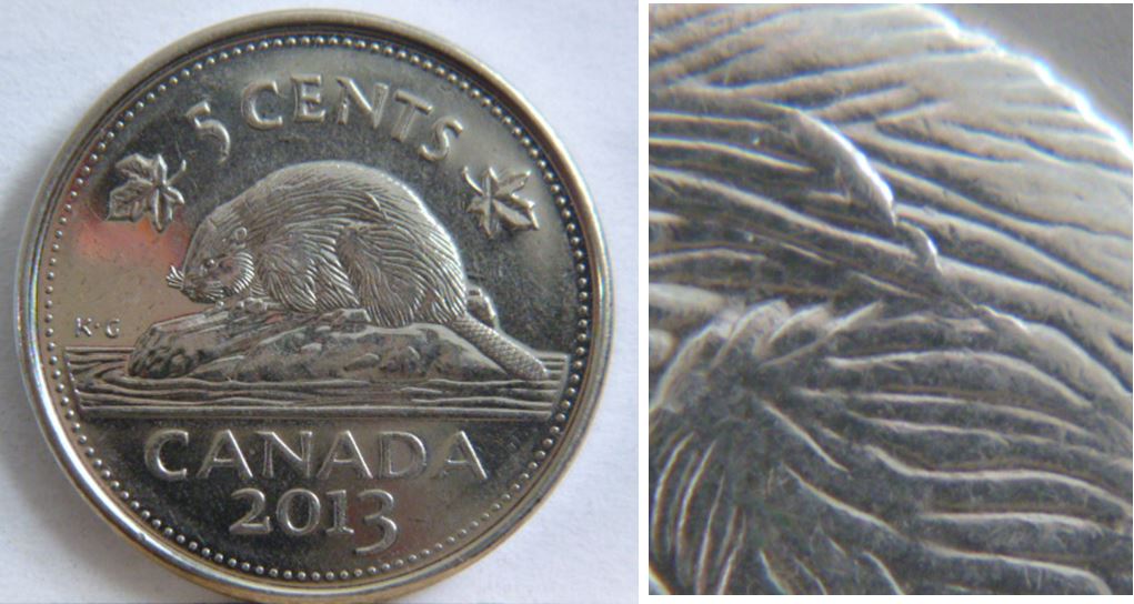5 Cents 2013-Éclat de coin sur le dos du castor-2.JPG