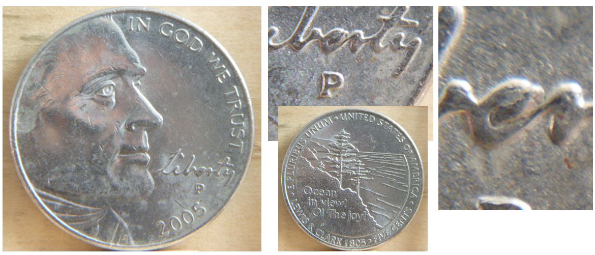 5 Cents USA 2005P- Éclat de coin entre er de Liberty.JPG