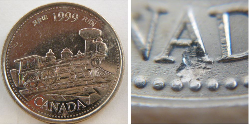 25 Cents Juin 1999-Frappe a travers graisse sur 2ème A de canAda.JPG