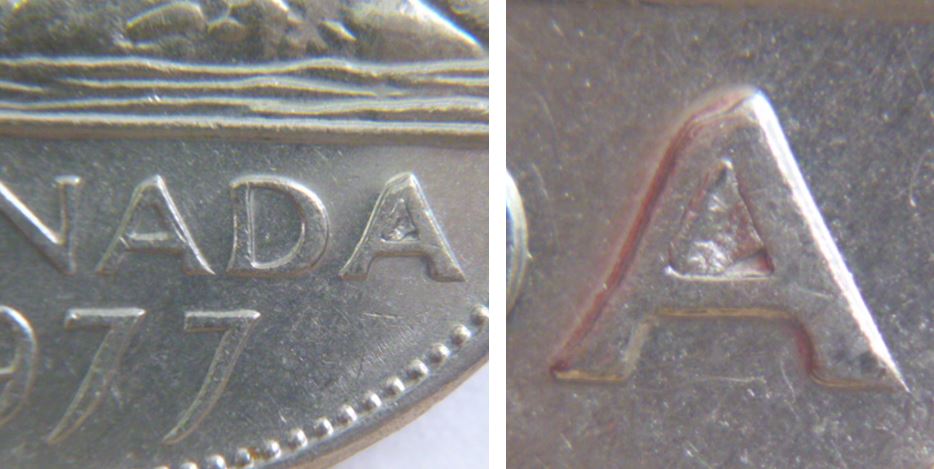 5 Cents 1977-Le dernier A de canadA bouché- Éclat du Coin -2.JPG