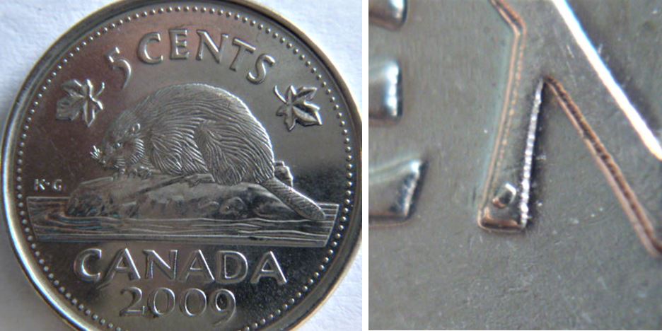5 Cents 2009-Éclat du coin sur la pate du N de ceNts-2.JPG