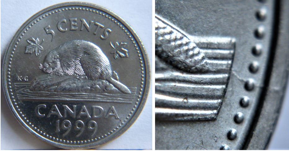 5 Cents 1999-Coin fendillé a 3 endroits coté revers-1.JPG
