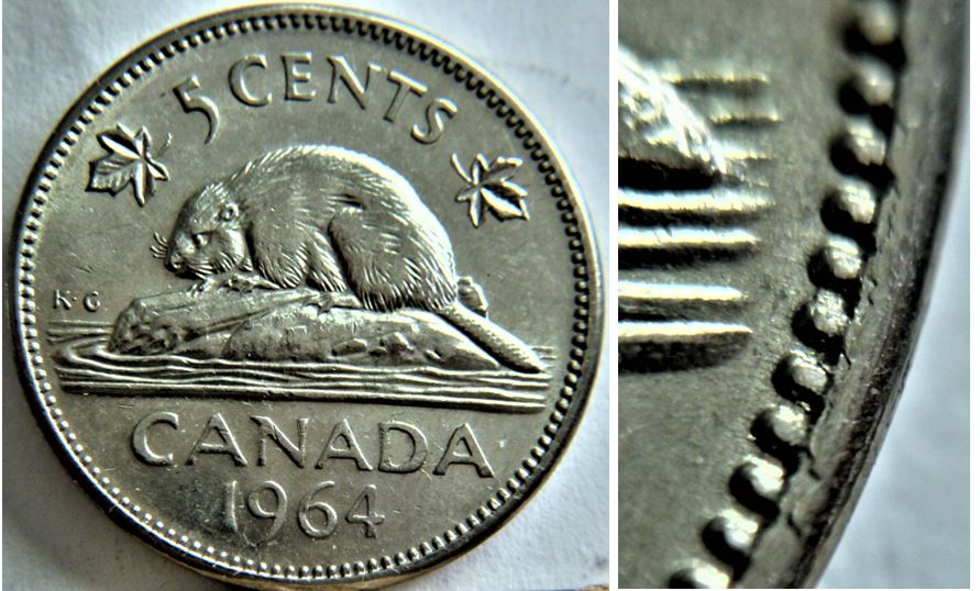 5 Cents 1964-Bavure sur listel au revers+Dépôt de métal au tour de la queue -1.JPG
