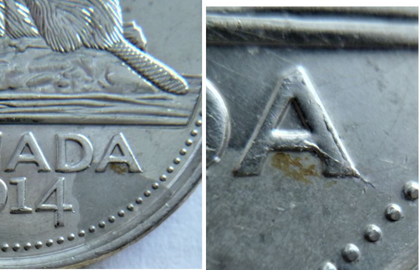 5 Cents 2014-Éclat coin sur la queue et accumulation sur A de canadA-1.JPG
