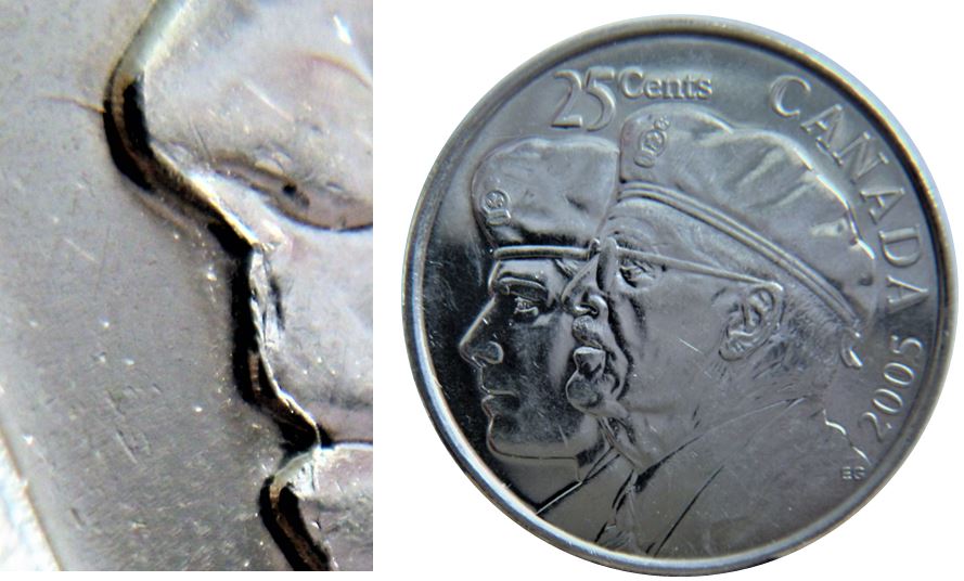 25 Cents 2005 Vétéran P-Coin fendillé sur le bas du visage du jeunne soldat-1.JPG