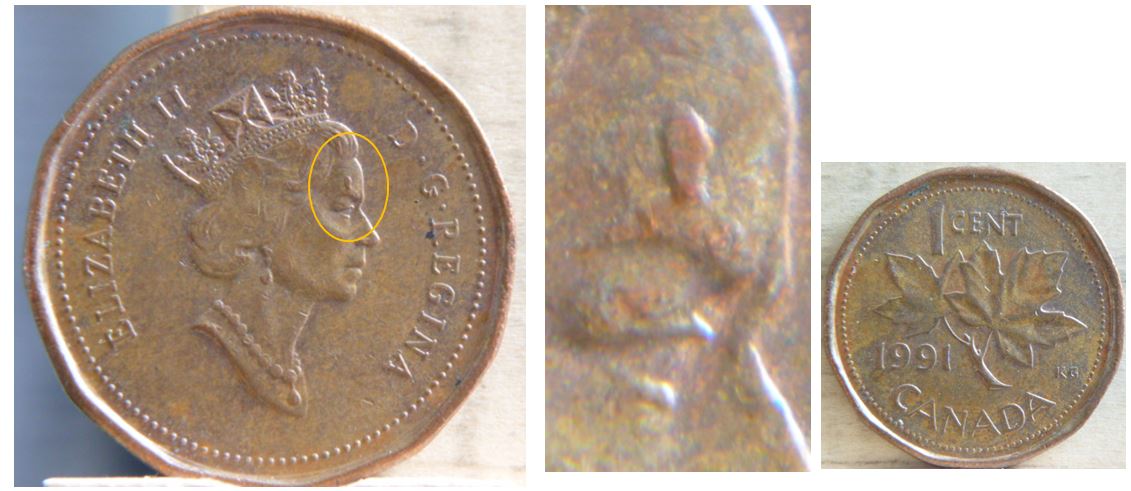 1 Cent 1991 - Éclat coin sur sourcil effigie.JPG