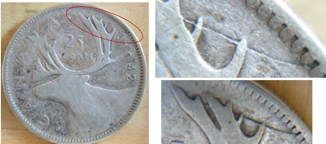 25 Cents 1942 -Coin fendillé au-dessus du caribou-1.JPG