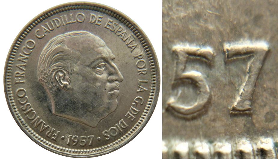 5 Ptas 1957 (75) Espagne-Double date et lettrage-2.JPG