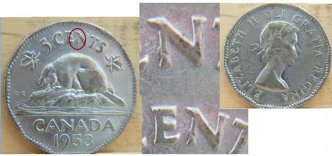 5 Cents 1953 NSF,loing - Éclat coin sur N de Cents.JPG