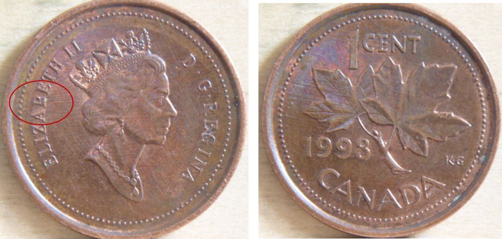 1 Cent - 1998 -Éclat de coin sur B  elizaBeth-1.JPG