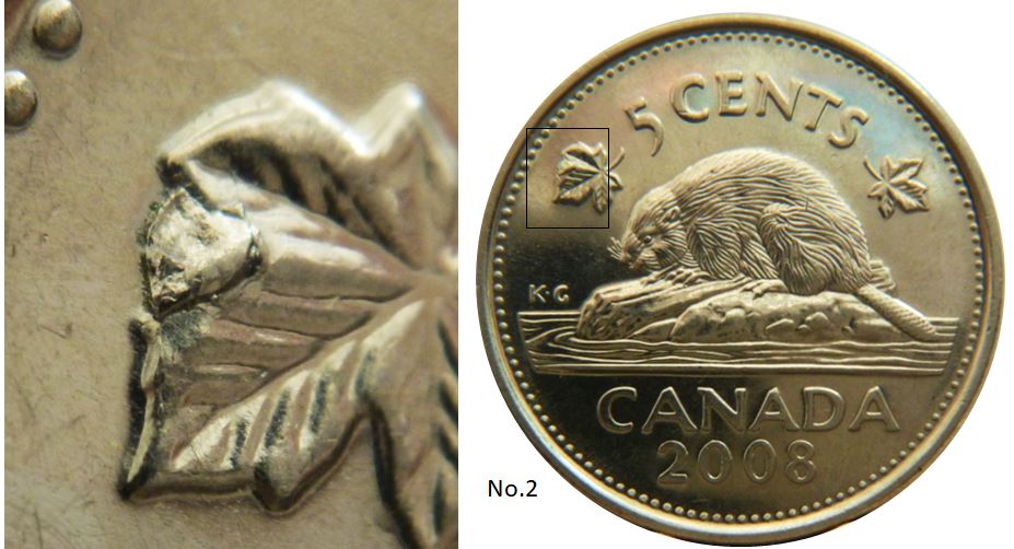 5 Cents 2008-Éclat coin sur feuille gauche-No.2.JPG