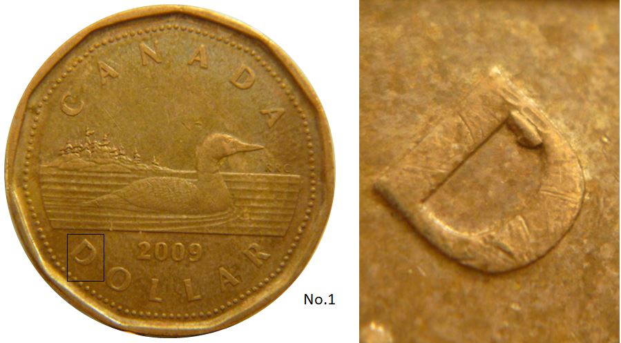 1 Dollar 2009-Éclat coin dans D de Dollar-No.1.JPG