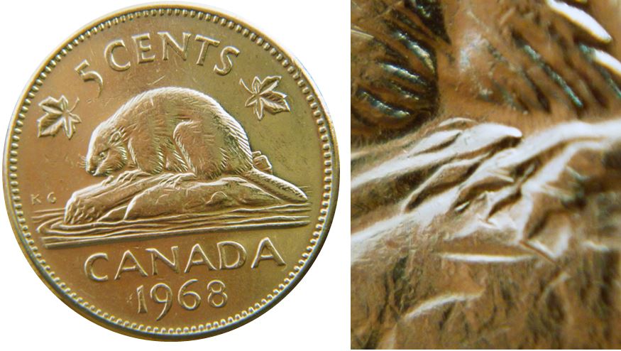 5 Cents 1968-Trois griffes extra patte arrière-Éclat coin-No.1,.JPG