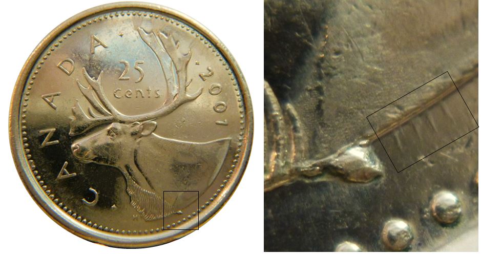 25 Cents 2001-Éclat coin sous le Caribou-1.JPG