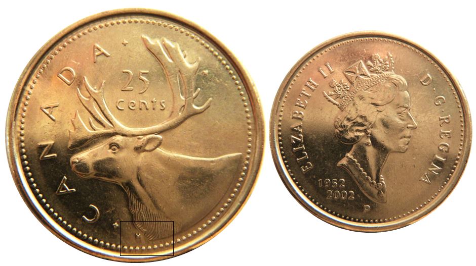 25 Cents 2002p-Dommage du coin sous H et le caribou-1.JPG