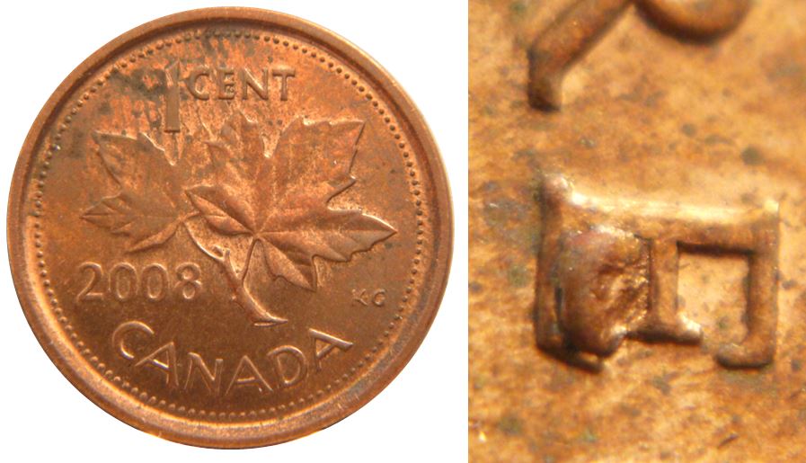 1 Cent 2008-Éclat coin dans E de rEgina-1.JPG