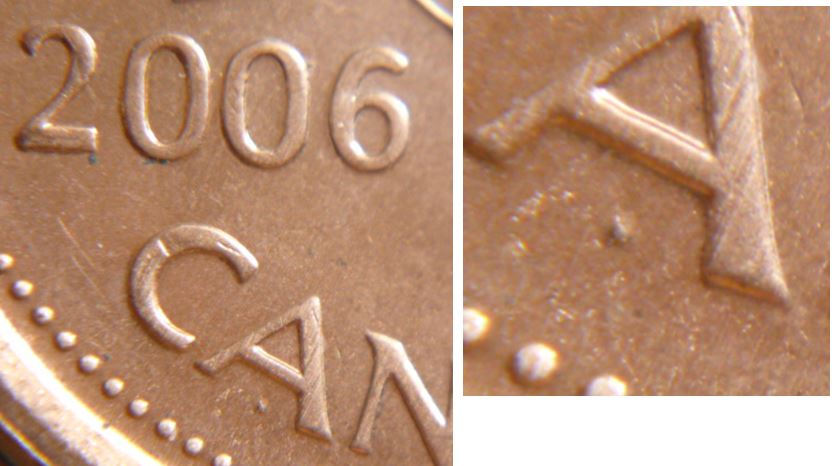 1 Cent 2006-Point sous le premier A de cAnada.JPG