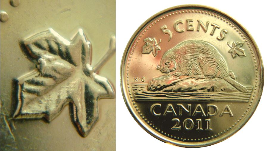 5 Cents 2011-Éclat coin petite dans lobe feuille gauche-No.1.JPG