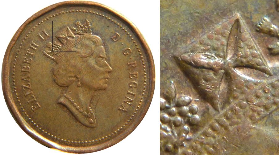 1 Cent 1994-Éclat coin dans couronne-2.JPG