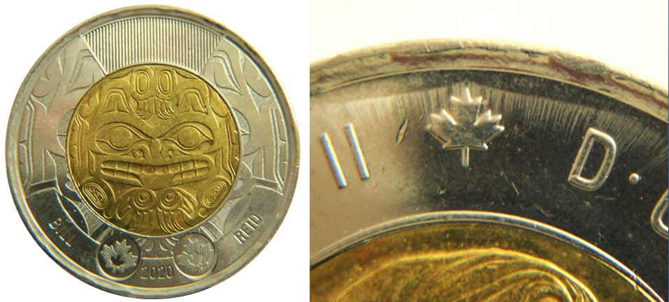 2 Dollars 2020 Bill Reid-Light strip au dessus de la feuille-1.JPG