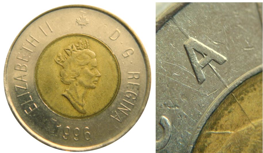 2 Dollars 1996-Coin fendillé à travers A de cAnada-1,.JPG