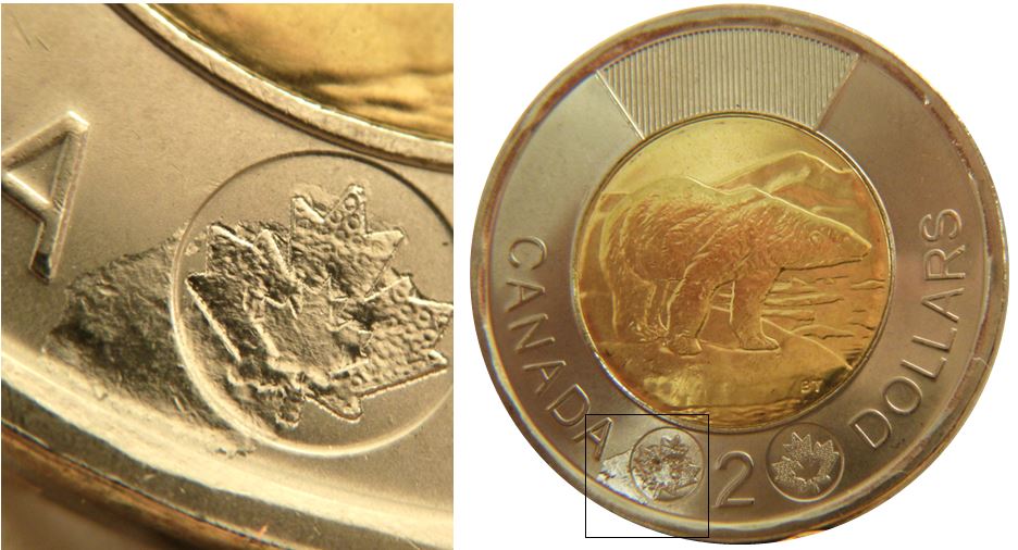 2 Dollars 2022-Frappe à travers sur feuille gauche-2.JPG