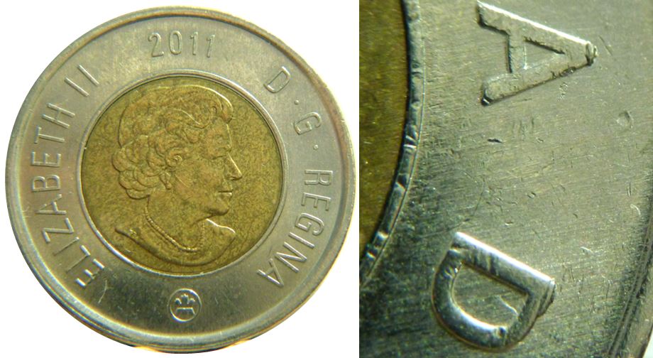 2 Dollars 2011 MRC logo-Éclat coin sur AD de canADa-1,.JPG