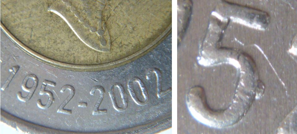 2 Dollar 2002 commémoratif-Éclat de coin sur 5 de 1952.JPG