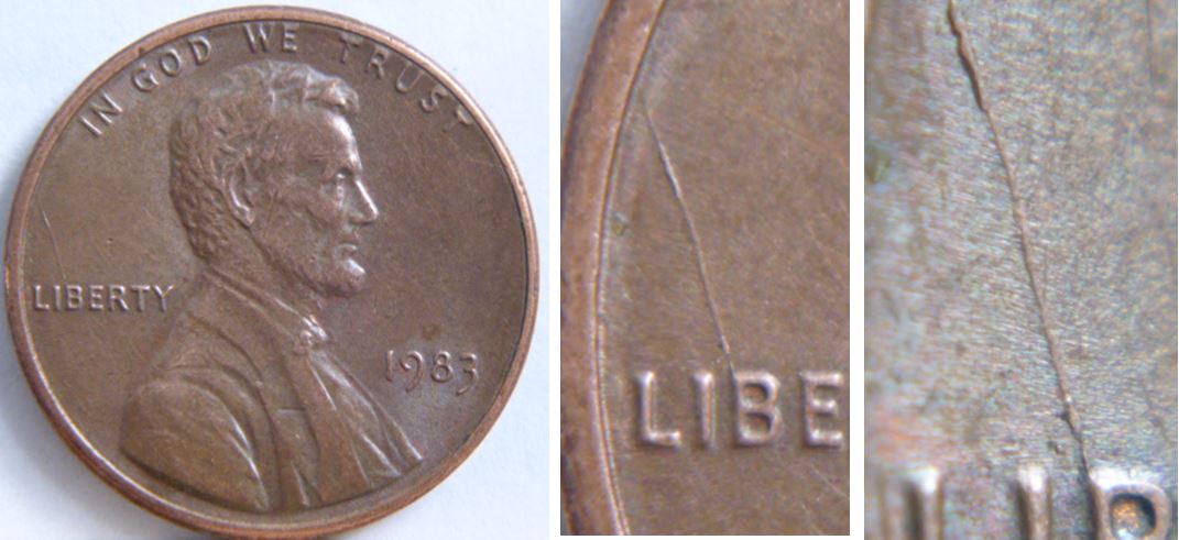 1 Cent 1983 USA-Coin fendillé du B de liBerty jusqu'au bord -1.JPG
