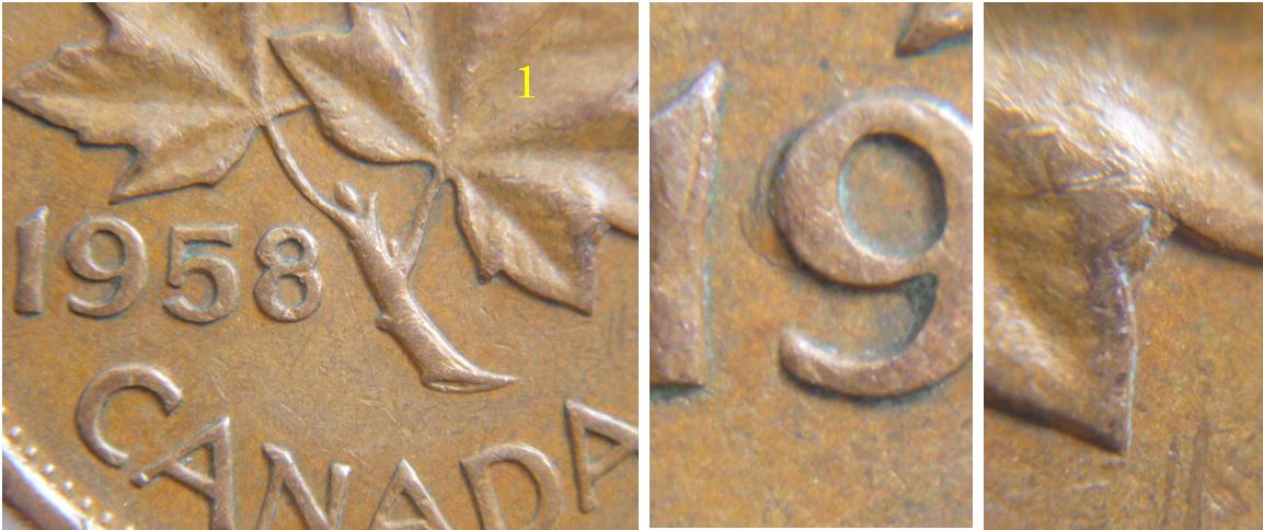 1 Cent 1958-Défaut de flan+Éclat de coin dans lobe feuille-1.JPG