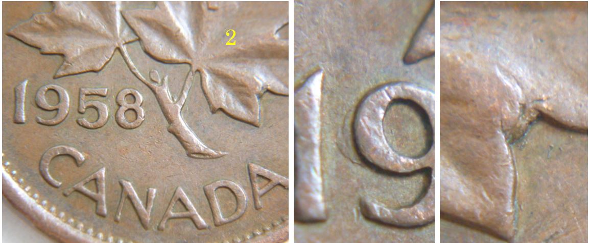 1 Cent 1958-Défaut de flan+Éclat de coin dans lobe feuille-2.JPG