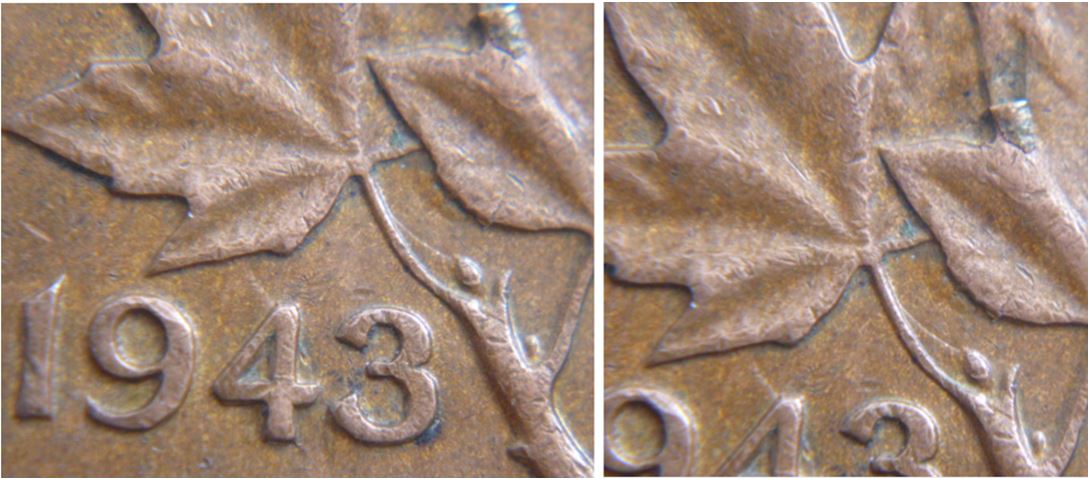 1 Cent 1943-Coin Entrechoque sous feuille +Défaut de flan-1.JPG