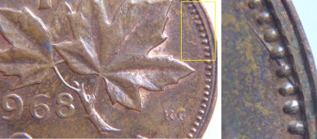 1 Cent 1968- Spike au revers-Domage de coin.JPG