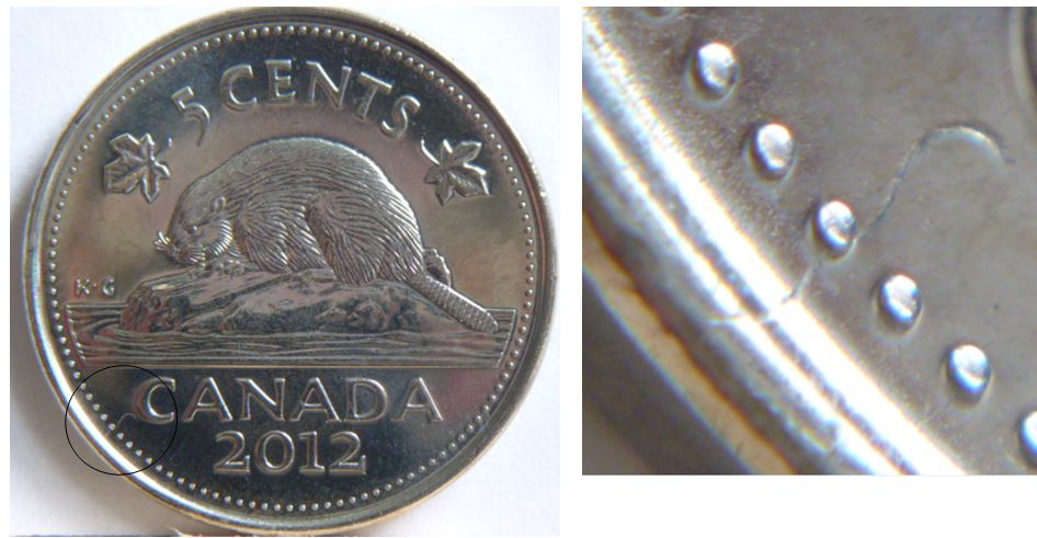 5 Cents 2012-Frappe a travers un fils au début Canada.JPG