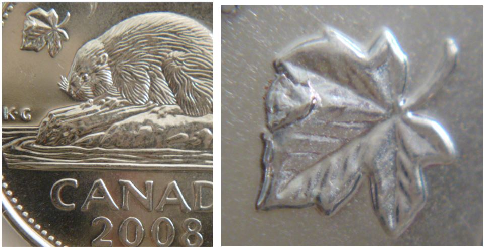 5 Cents 2008-Éclat de coin sur feuille gauche.JPG