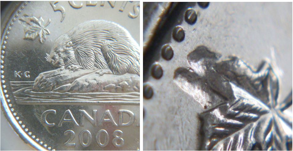 5 Cents 2008-Frappe a travers graisse sur feuille gauche.JPG