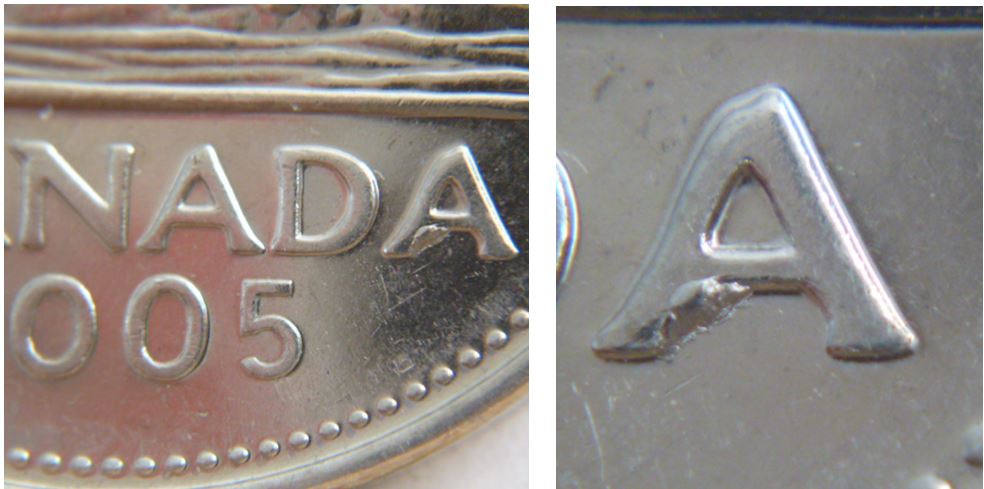 5 Cents 2005-Éclat de coin sous dernier A de canadA.JPG
