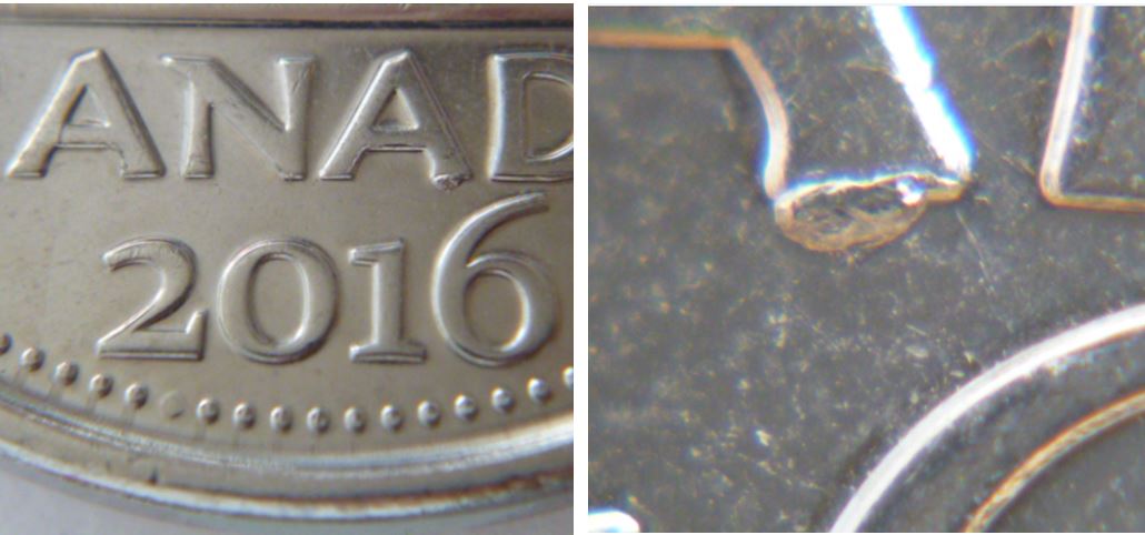 5 Cents 2016-Éclat de coin sous 2ème A canAda.JPG