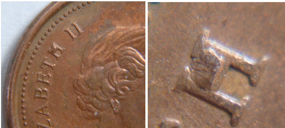 1 cent 2007-Éclat de coin sur H de elizabetH-2.JPG