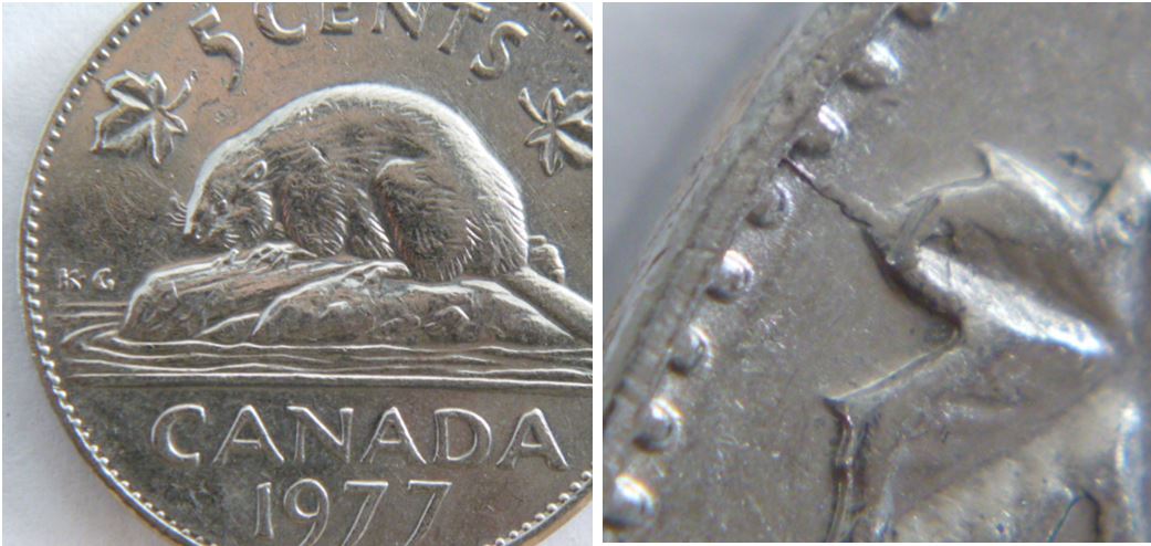 5 Cents 1977H- Coin fendillé au bout feuille gauche.JPG
