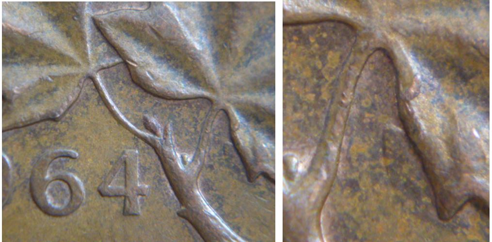 1 Cent 1964- Une pointe de flèche sous feuille droite-Coin entrechoqué-1.JPG