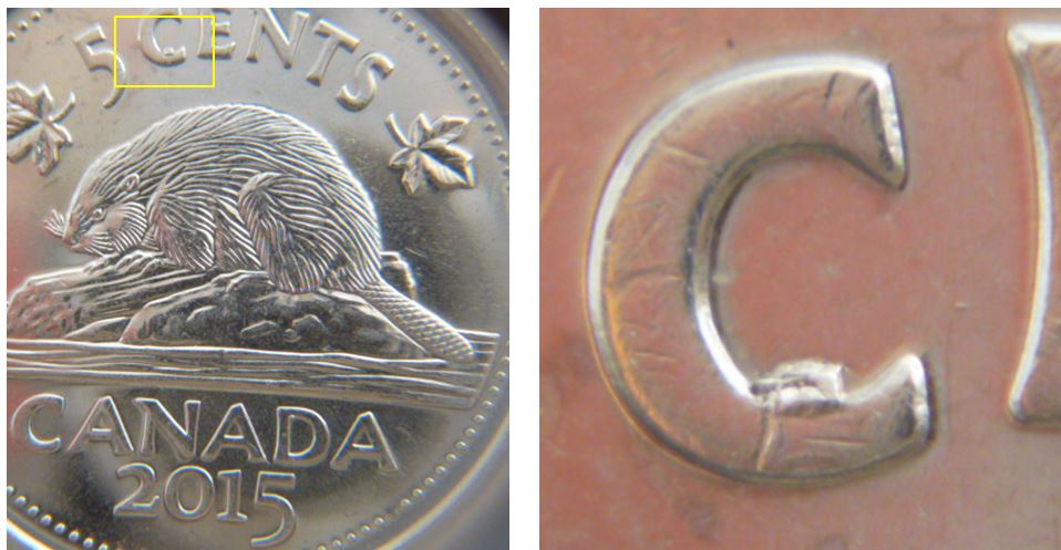 5 Cents 2015-Éclat de coin dans le C de Cents-1.JPG