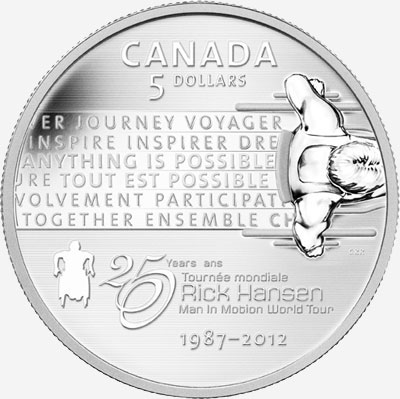 Pièce de 5 $ en argent fin 2012 - 25e anniversaire de la tournée mondiale Rick Hansen