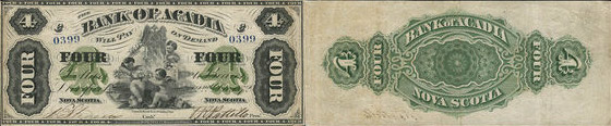 4 dollars 1872 - Bank of Acadia banknotes