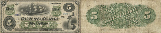 5 dollars 1872 - Bank of Acadia banknotes