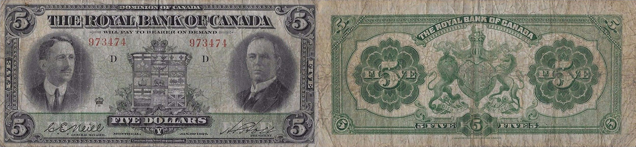 5 dollars 1927 - Royal Bank of Canada banknotes